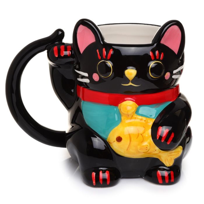 Schwarze Maneki Neko Glückskatze geformte Tasse  