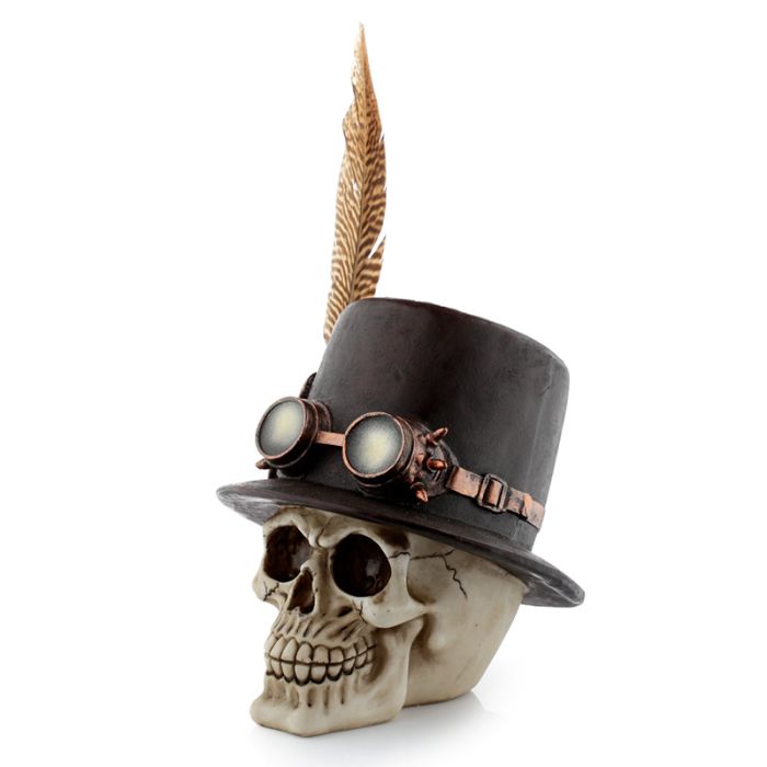 Steam Punk Totenkopf mit Zylinder und Federn