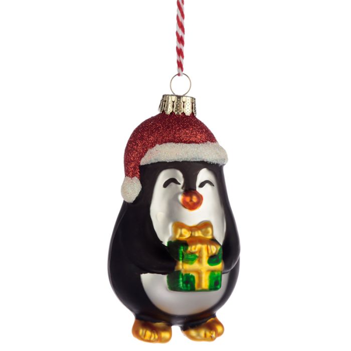 Pinguin mit Geschenk Weihnachtskugel aus Glas