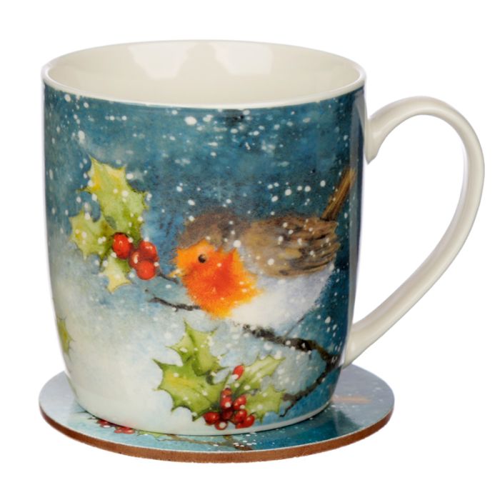 Weihnachten Jan Pashley Rotkehlchen Tasse & Untersetzer Set