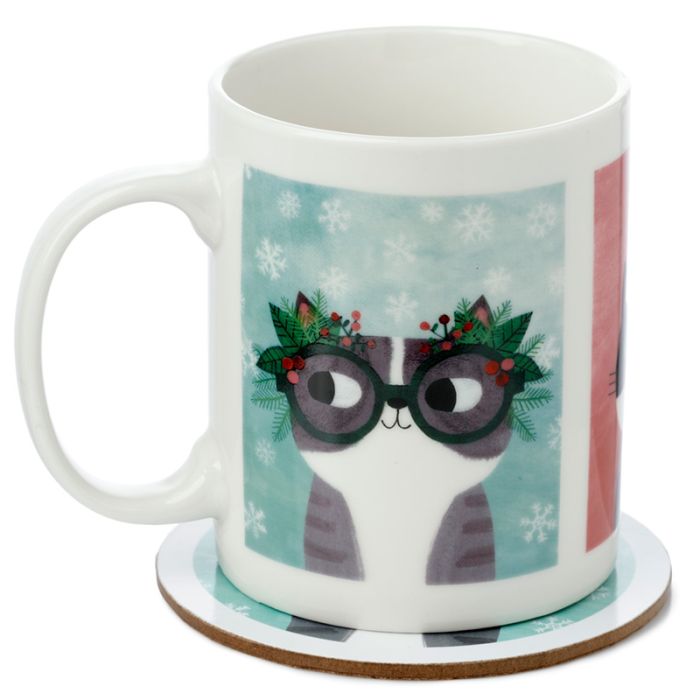 Weihnachten Angie Rozelaar Planet Cat Katze Tasse & Untersetzer Set  