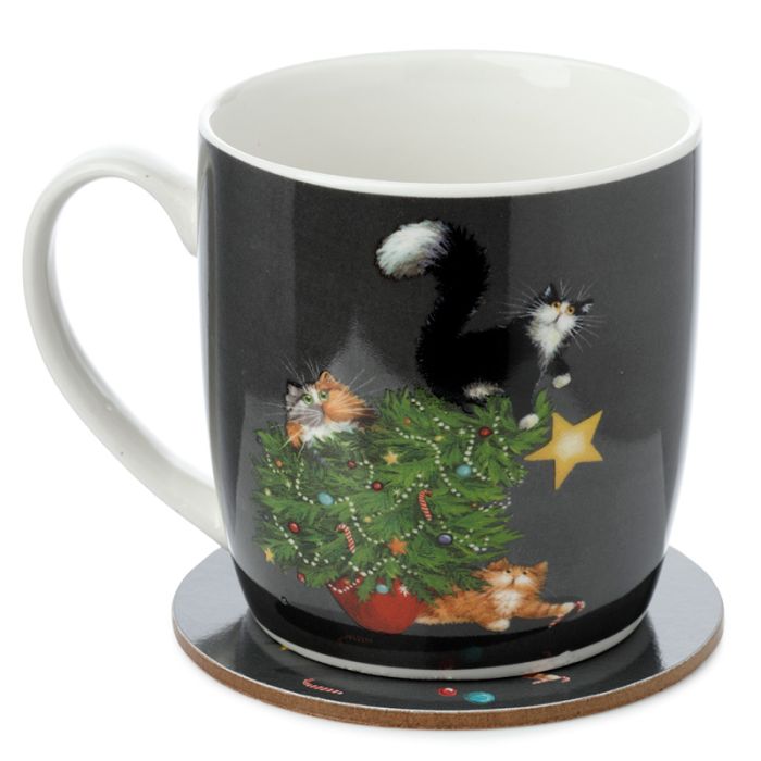 Weihnachten Kim Haskins Weihnachtsbaum Katze Tasse & Untersetzer Set