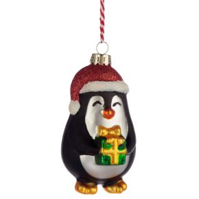 Pinguin mit Geschenk Weihnachtskugel aus Glas